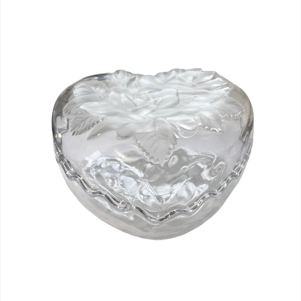 Clear Heart Shaped Trinket Dish Bowl With Lid Top Floral Design valentine's Day